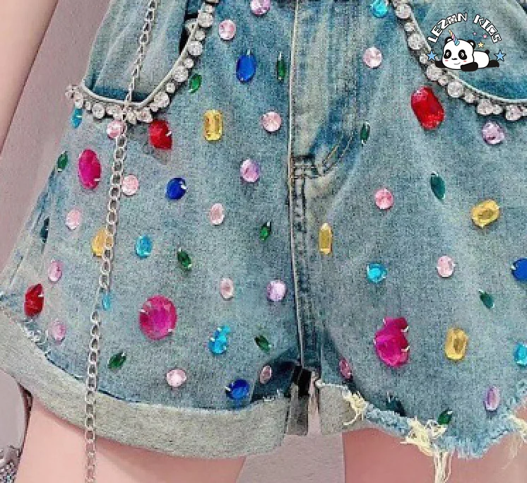 LEZONKIDS - 2024 OEM ODM Shorts femininos de jeans com contas bonitas de cintura elástica para crianças de 2-12 anos para crianças